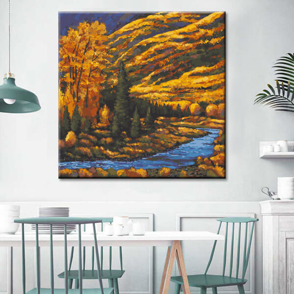 Painting by numbers art nature river flows through the autumn landscape