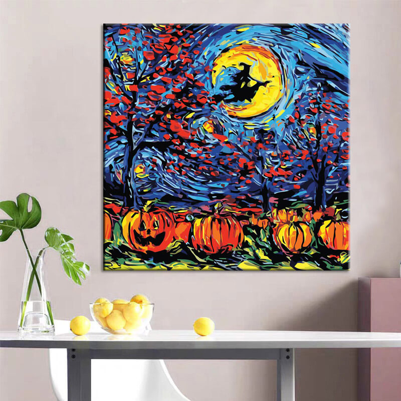 Painting by numbers art nature Halloween witch flies on broom