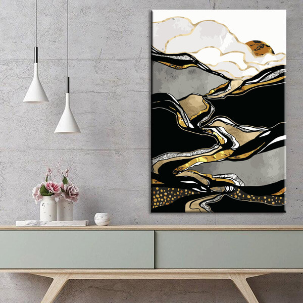 Painting by numbers art nature golden sun behind white mountain with silver-golden river