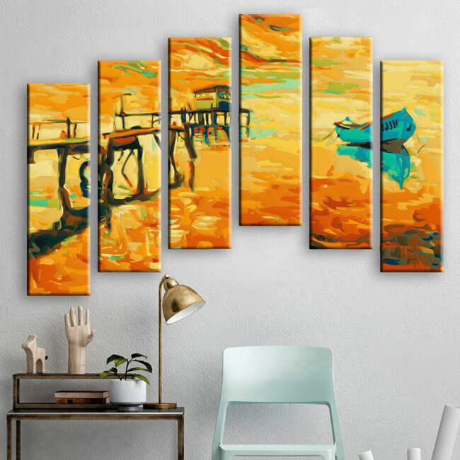 Painting by numbers nature art boat at the lake 6 pieces