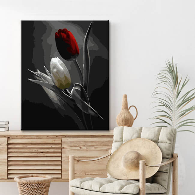 Paint by Numbers red and white tulips black and white