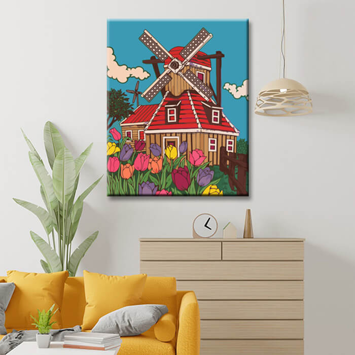 Malen nach Zahlen Niederlande Holland Windmühle Blumen