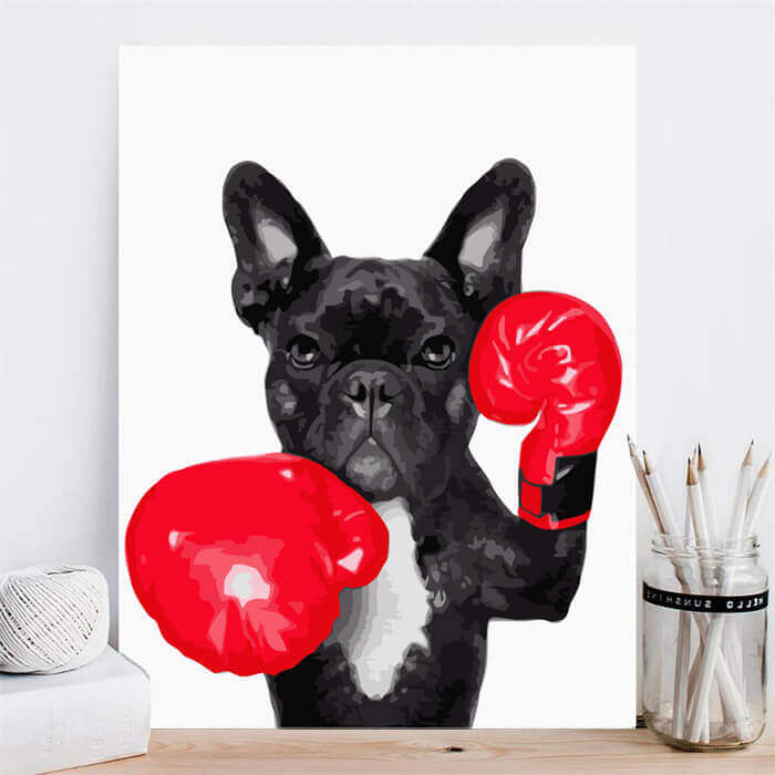 Malen nach Zahlen Kunst Schwarzer Hund mit roten Boxhandschuhen