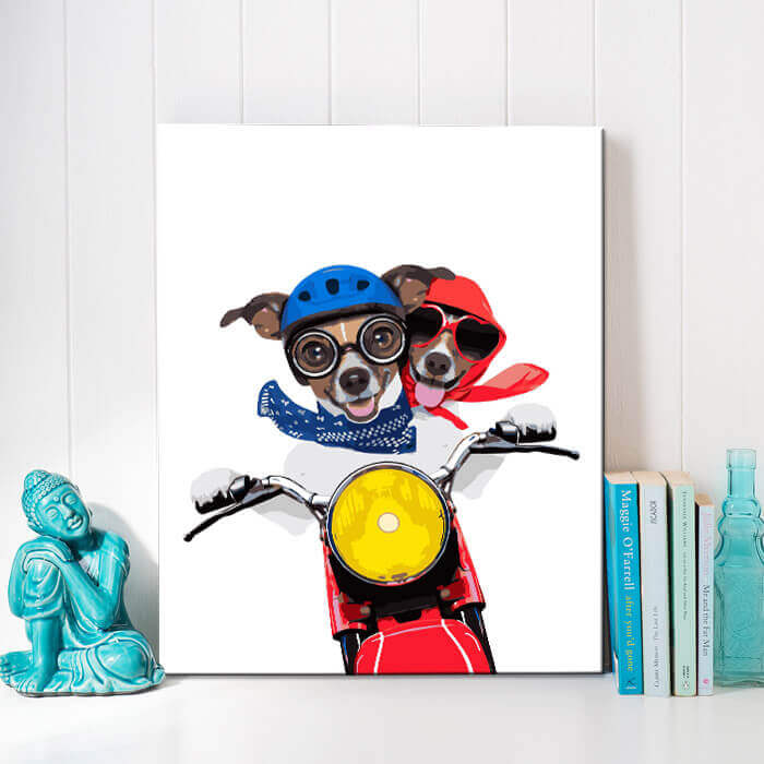 Malen nach Zahlen Kunst Zwei Hunde mit Helm auf rotem Motorrad