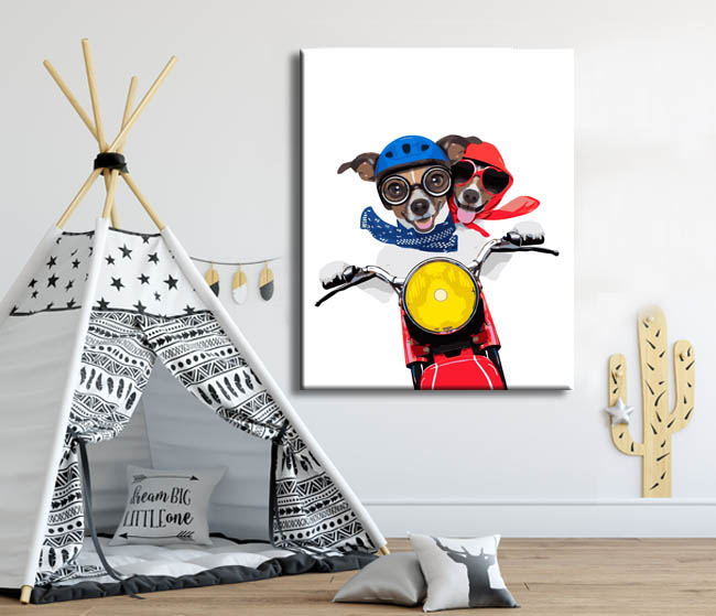 Malen nach Zahlen Kunst Zwei Hunde mit Helm auf rotem Motorrad