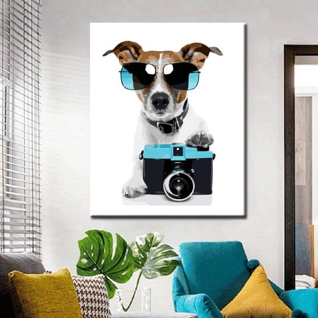 Painting by numbers art dog with glasses and camera