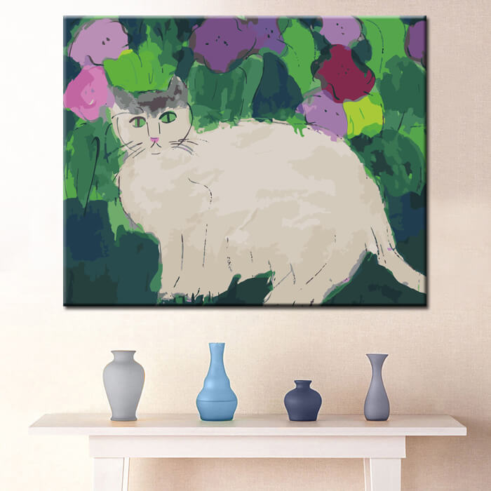 Painting by Numbers Art White cat with green eyes in the grass