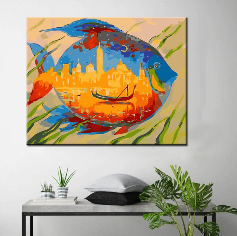 Painting by numbers art animal colorful fish with oriental city in belly