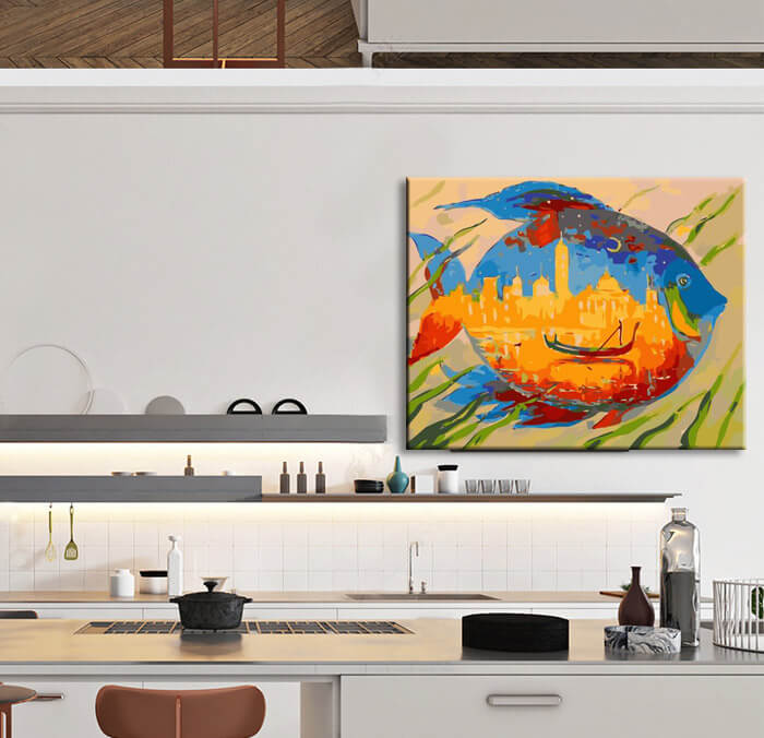 Malen nach Zahlen Kunst Tier Bunter Fisch mit orientalischer Stadt im Bauch