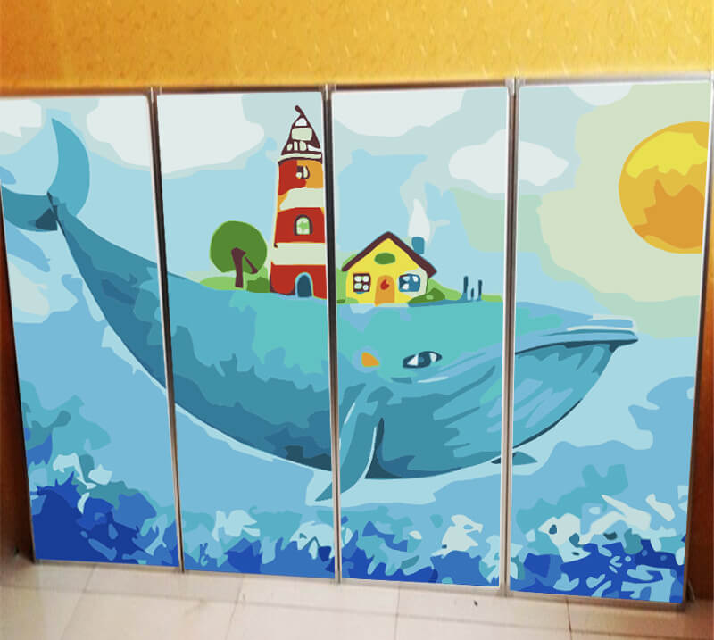 Paint by numbers art animal whale with lighthouse house and tree on the back 4-part
