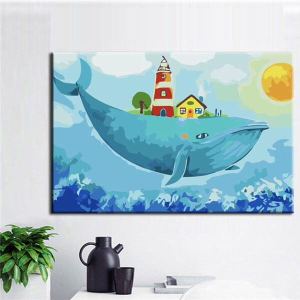 Painting by numbers art animal whale with lighthouse house and tree on the back