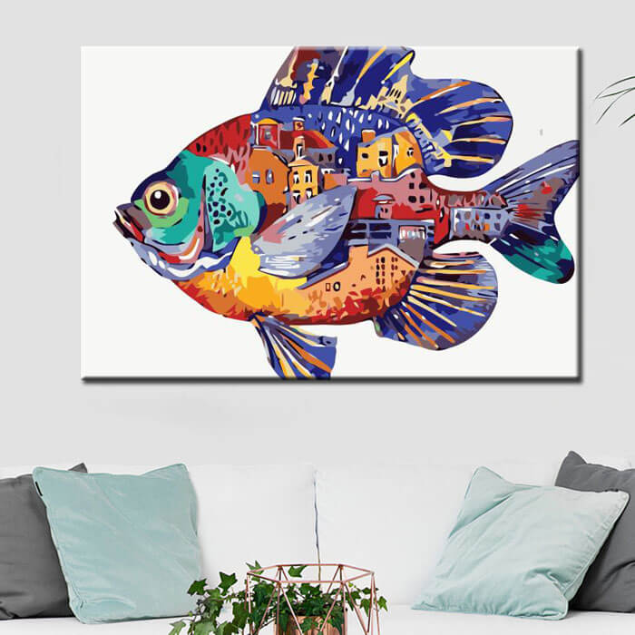 Painting by numbers art animal colorful fish with colorful houses in the belly