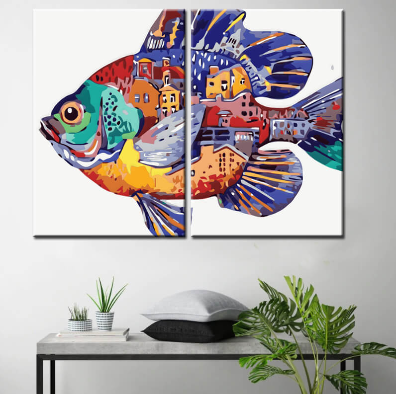 Malen nach Zahlen Kunst Tier Bunter Fisch mit Bunten Häusern im Bauch 2-teilig