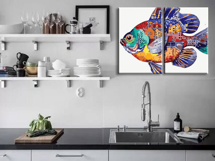 Malen nach Zahlen Kunst Tier  Bunter Fisch mit Bunten Häusern im Bauch 2-teilig