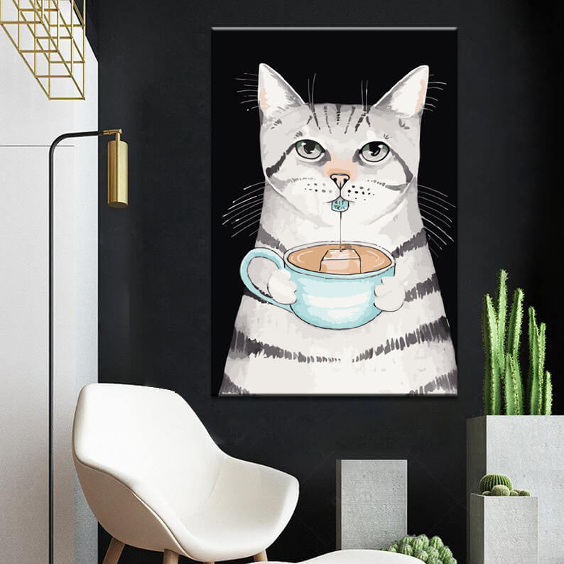 Painting by numbers art animal white cat with gray stripes