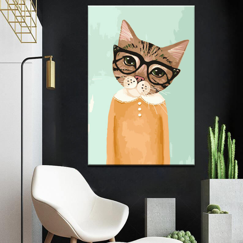 Malen nach Zahlen Kunst Tier Katze trägt Brille