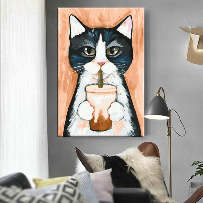 Painting by numbers art animal black and white cat with glass in paws