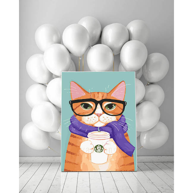 Malen nach Zahlen Kunst Tier Katze mit Lila Schal und Brille