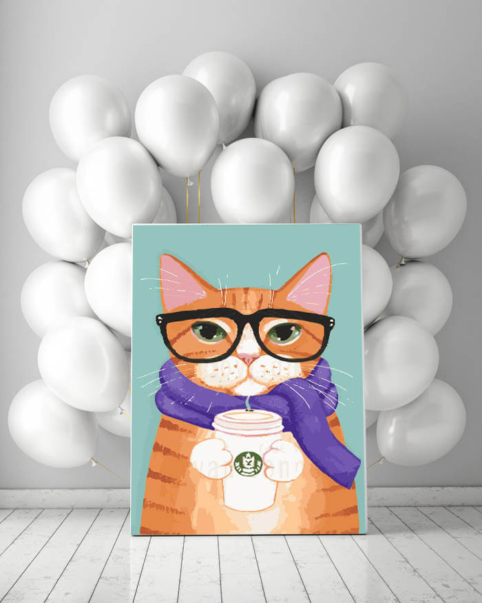 Painting by numbers art animal cat with purple scarf and glasses