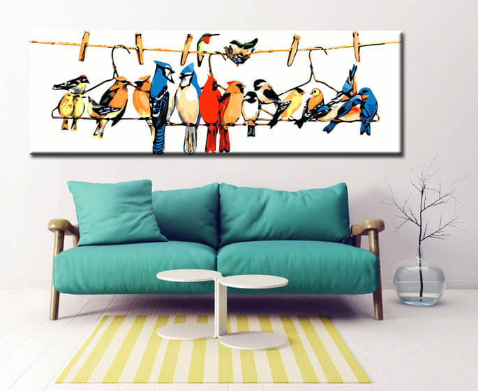 Painting by numbers art animal lots of colorful birds sit on hangers on a leash