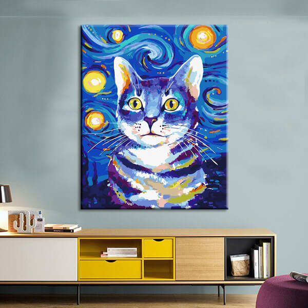 Painting by numbers art animal cat portrait starry night