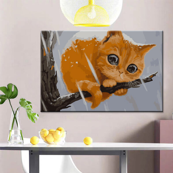 Malen nach Zahlen Kunst Tier orangene Katze klammert am Ast