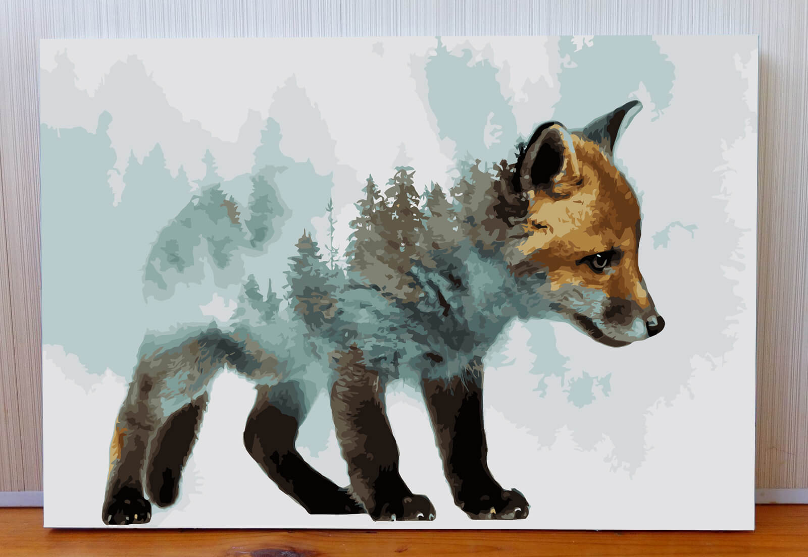 Painting by numbers art animal baby fox with icy body and trees