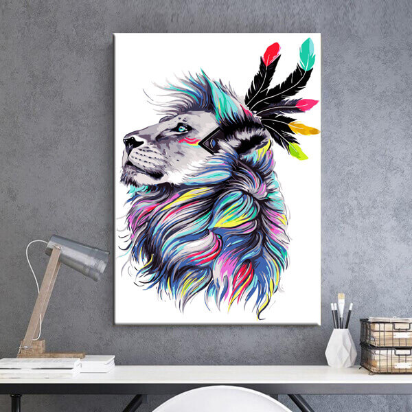 Painting by numbers art animal lion with colorful mane and feathers on head