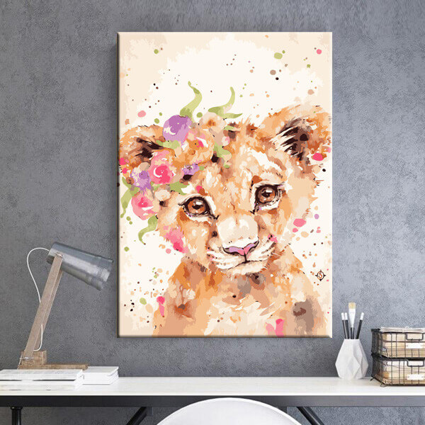Malen nach Zahlen Kunst Tier Baby Löwe mit Blumen auf dem Kopf