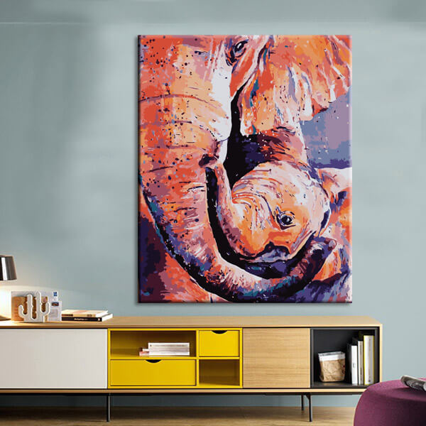 Painting by numbers baby elephant cuddles with mama elephant