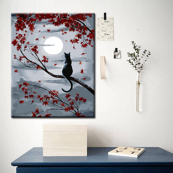 Painting by numbers art animal cat sitting on a branch with red leaves