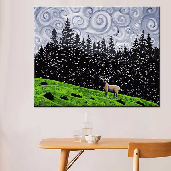 Painting by numbers moose stands on meadow in front of fir trees