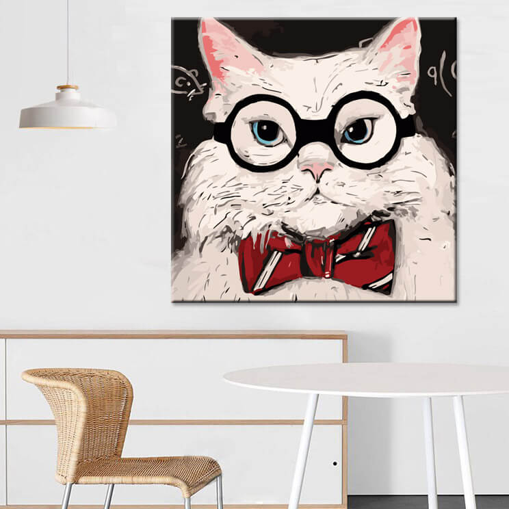 Malen nach Zahlen Kunst Tier weiße Katze mit Brille und Fliege um den Hals