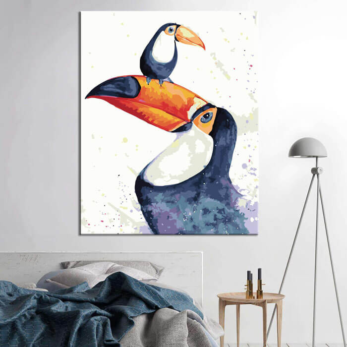 Painting by numbers art animal toucan has baby toucan on its beak