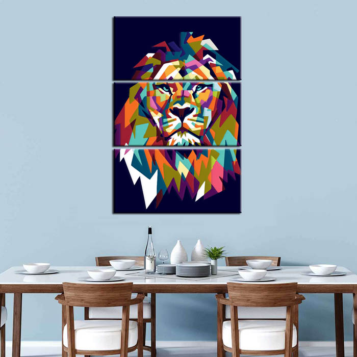 Malen nach Zahlen Kunst Tier buntes Löwensgesicht auf dunklem Hintergrund 3-teilig