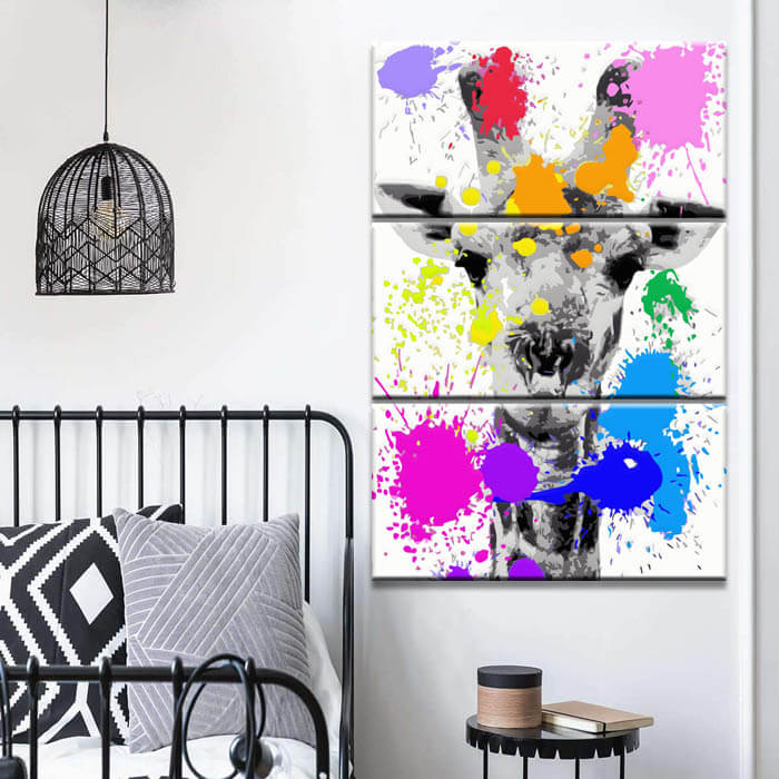 Painting by numbers art animal giraffe with colorful paint blobs 3-piece