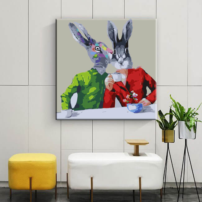 Painting by numbers rabbit couple having coffee