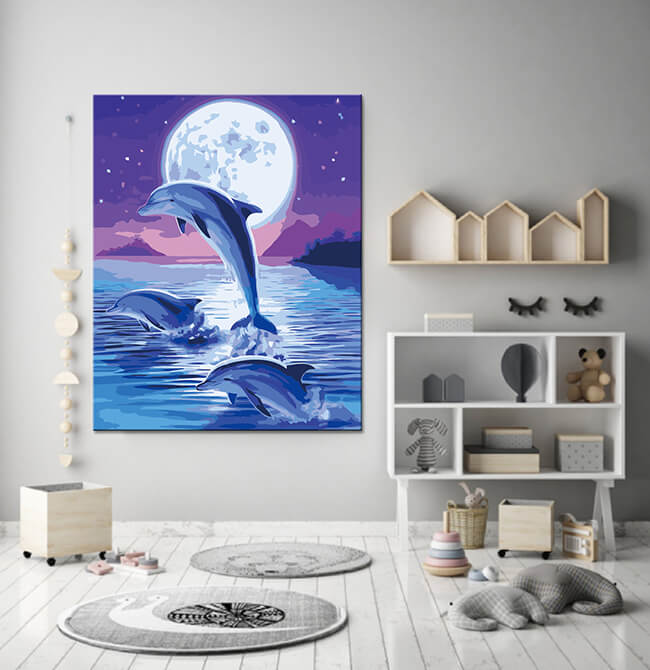 Paint by number art animal dolphin in full moon