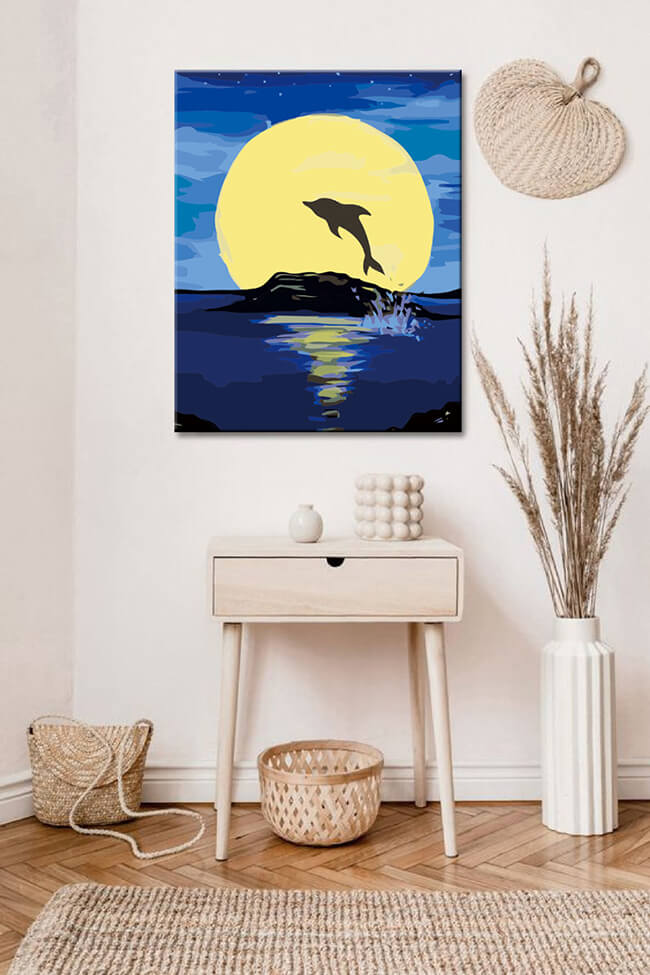 Paint by number art animal Dolphin at night before full moon