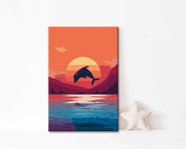 Paint by number art animal dolphin in the sea in evening sun