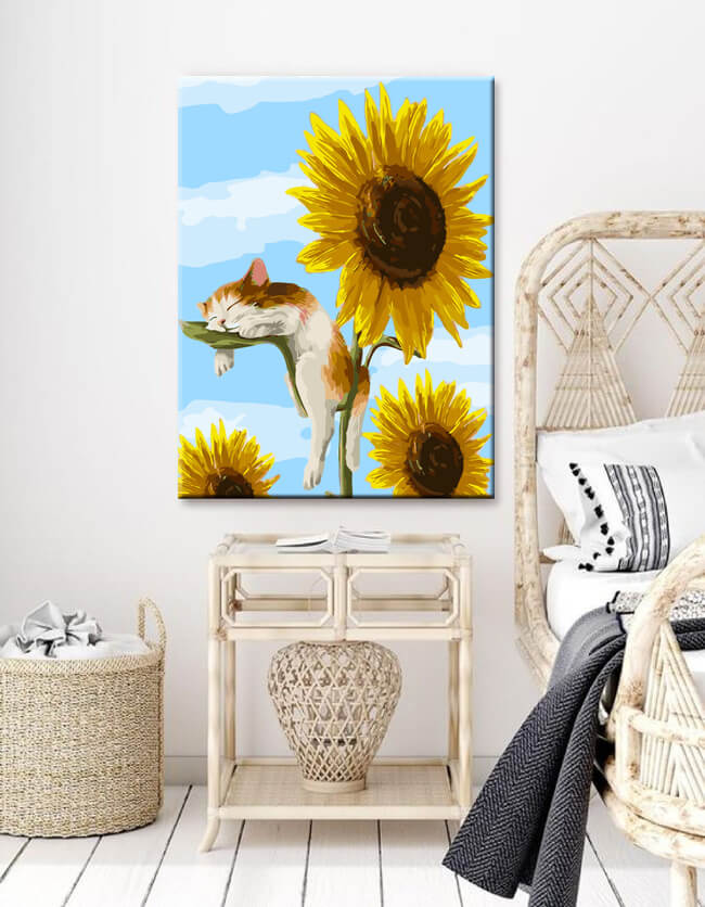 Painting by number sleeping kitten on sunflowers