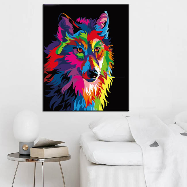 Painting by Numbers Wolf head in rainbow colours