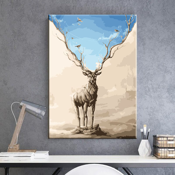 Painting by numbers art animal moose with antlers on which birds sit