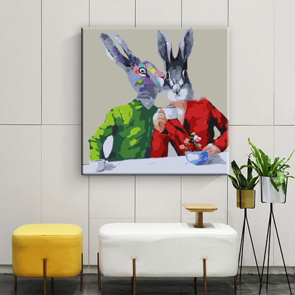 Painting by numbers rabbit couple having coffee