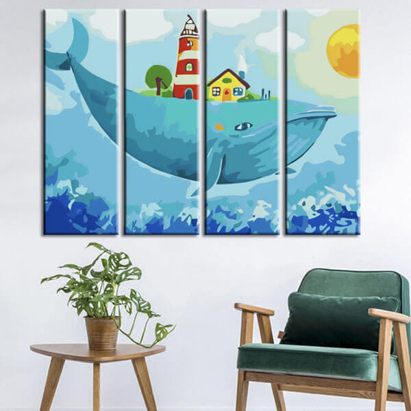 Painting by numbers art animal whale with lighthouse house and tree on the back 4-piece